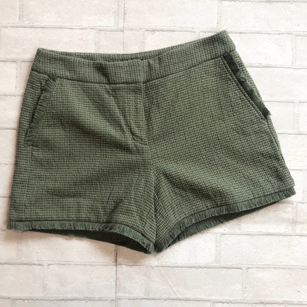 Textured Olive green shorts by KAARI blue with fringe bottom hem, pockets, 6